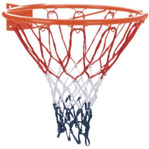 Kovový basketbalový koš se síťkou.