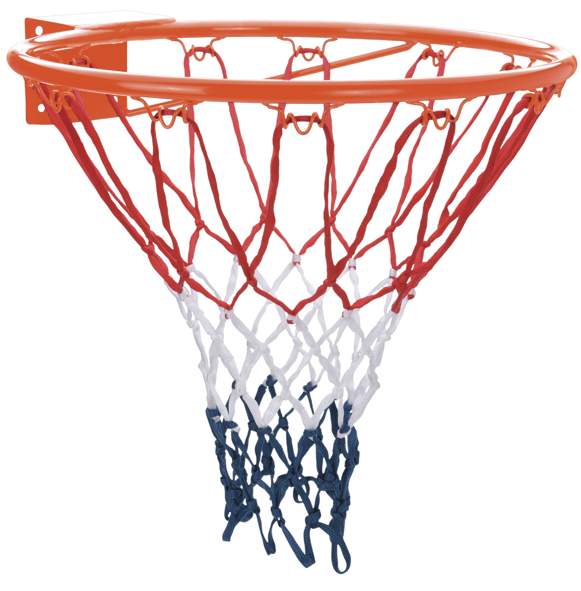 Kovový basketbalový koš se síťkou.