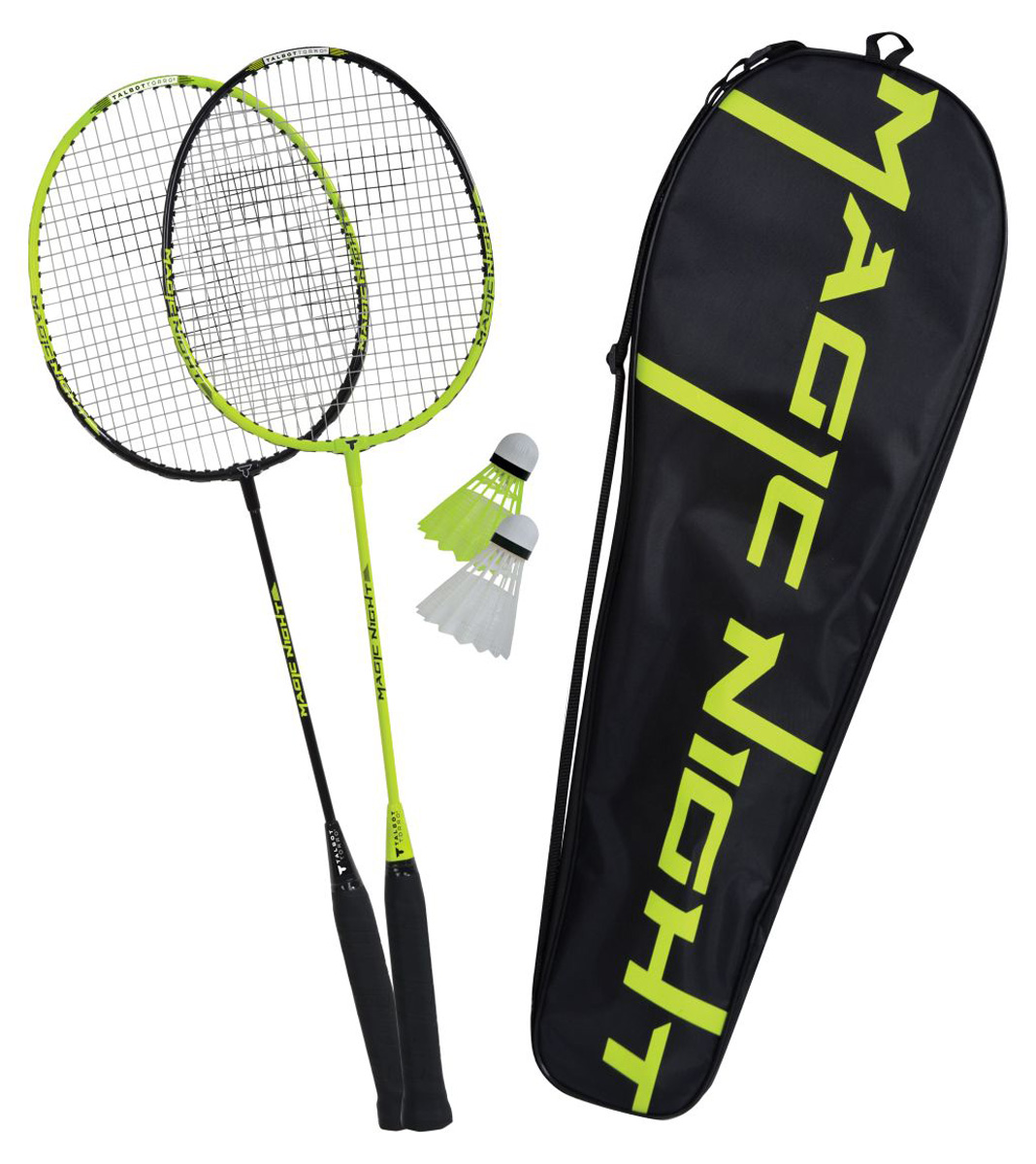 Badmintonová souprava 2 raket a 2 svítících míčků.